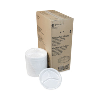 Placesetter Deluxe Laminated Foam Dinnerware, 3-Compartment Plate, 10.25" dia, White, 540/Carton