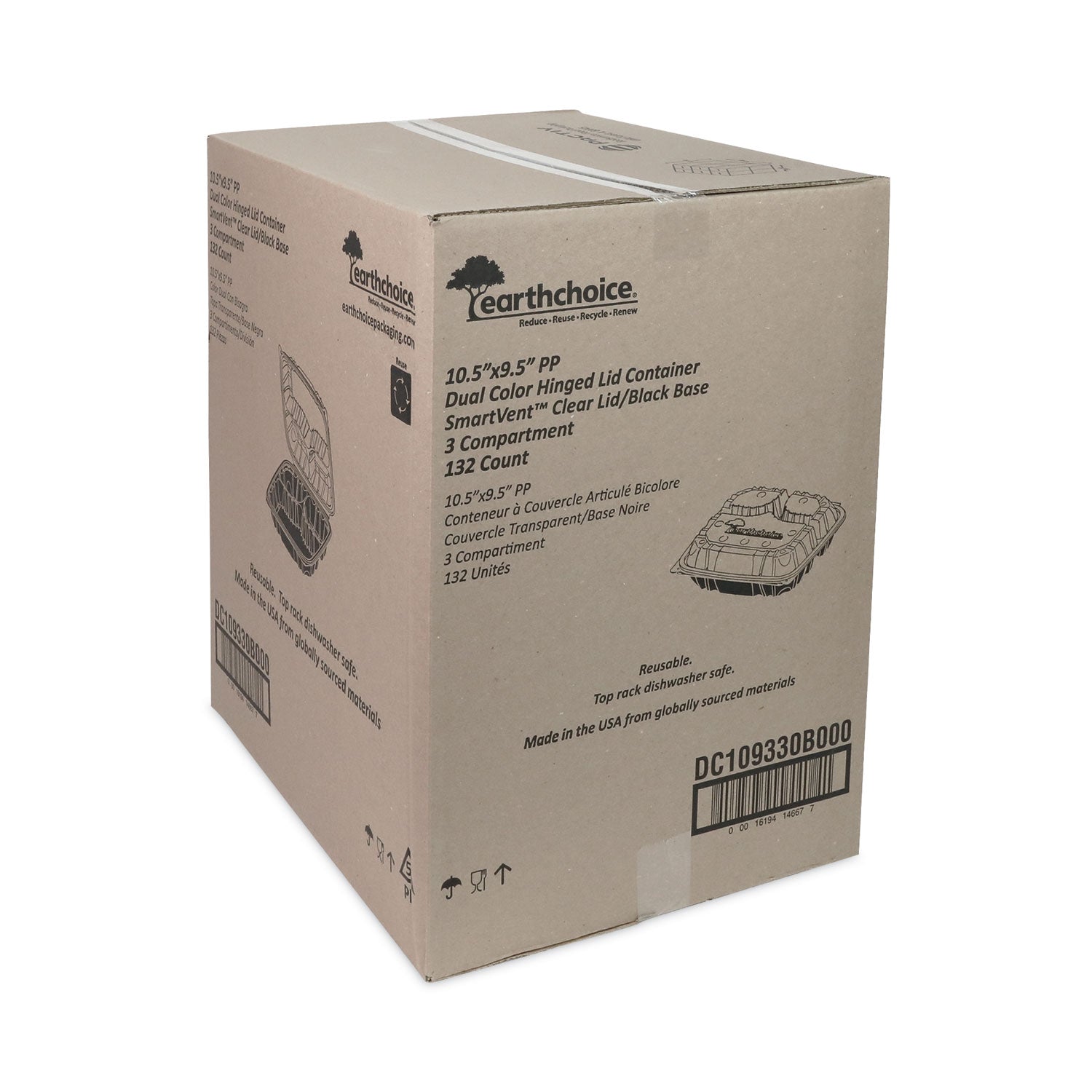 EarthChoice Vented Dual Color Microwavable Hinged Lid Container, 3-Comp Base/Lid, 34 oz, 10.5x9.5x3, Blk/Clr, Plastic, 132/CT