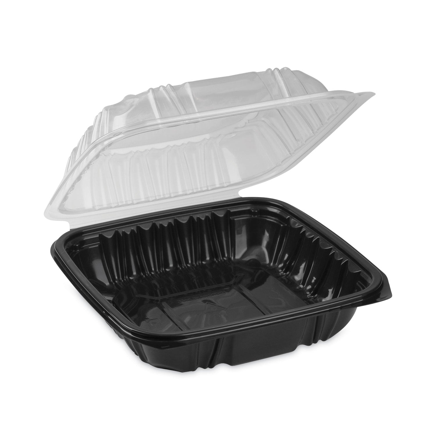 earthchoice-vented-dual-color-microwavable-hinged-lid-container-1-compartment-38oz-85x85x3-black-clear-plastic-150-ct_pctdc858100b000 - 2