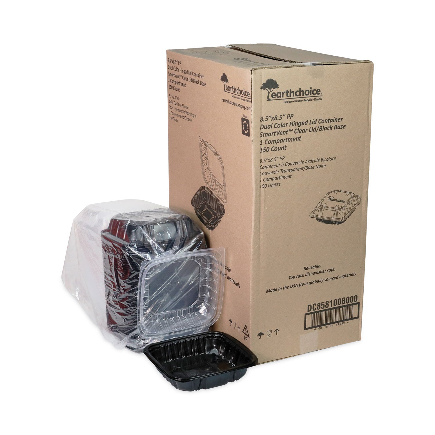 EarthChoice Vented Dual Color Microwavable Hinged Lid Container, 1-Compartment, 38oz, 8.5x8.5x3, Black/Clear, Plastic, 150/CT
