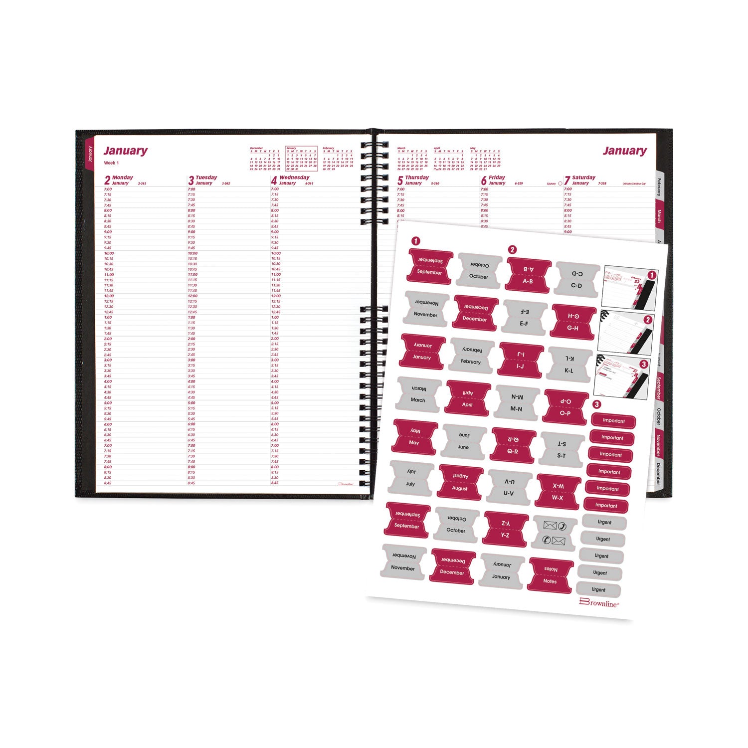 CoilPro Weekly Appointment Book in Columnar Format, 11 x 8.5, Black Lizard-Look Cover, 12-Month (Jan to Dec): 2024