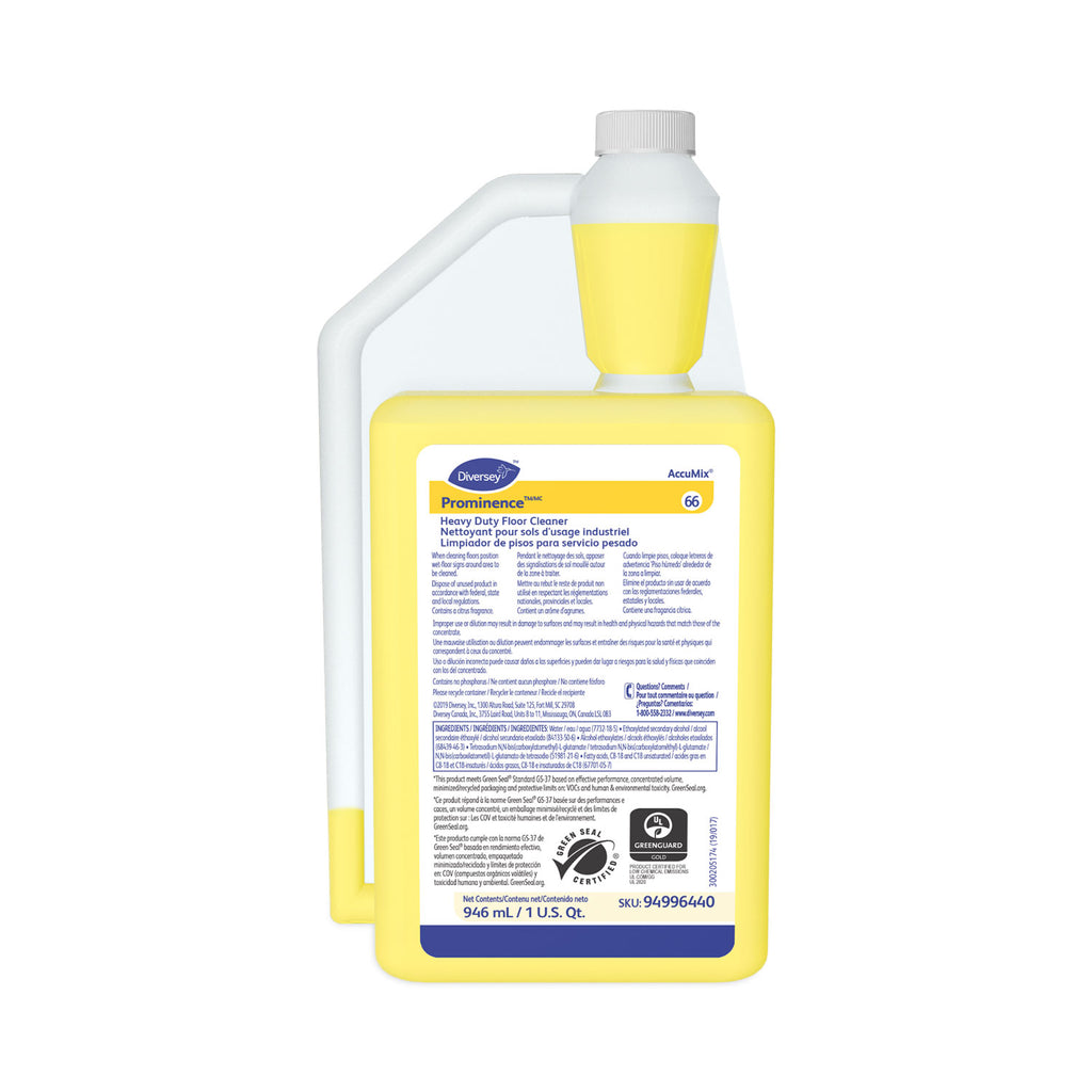 Diversey Prominence Heavy Duty Floor Cleaner - Concentrate - 32 fl oz (1 quart) - Citrus Scent - 6 - Heavy Duty, Film-free, Rinse-free, pH Neutral, Dilutable - Yellow