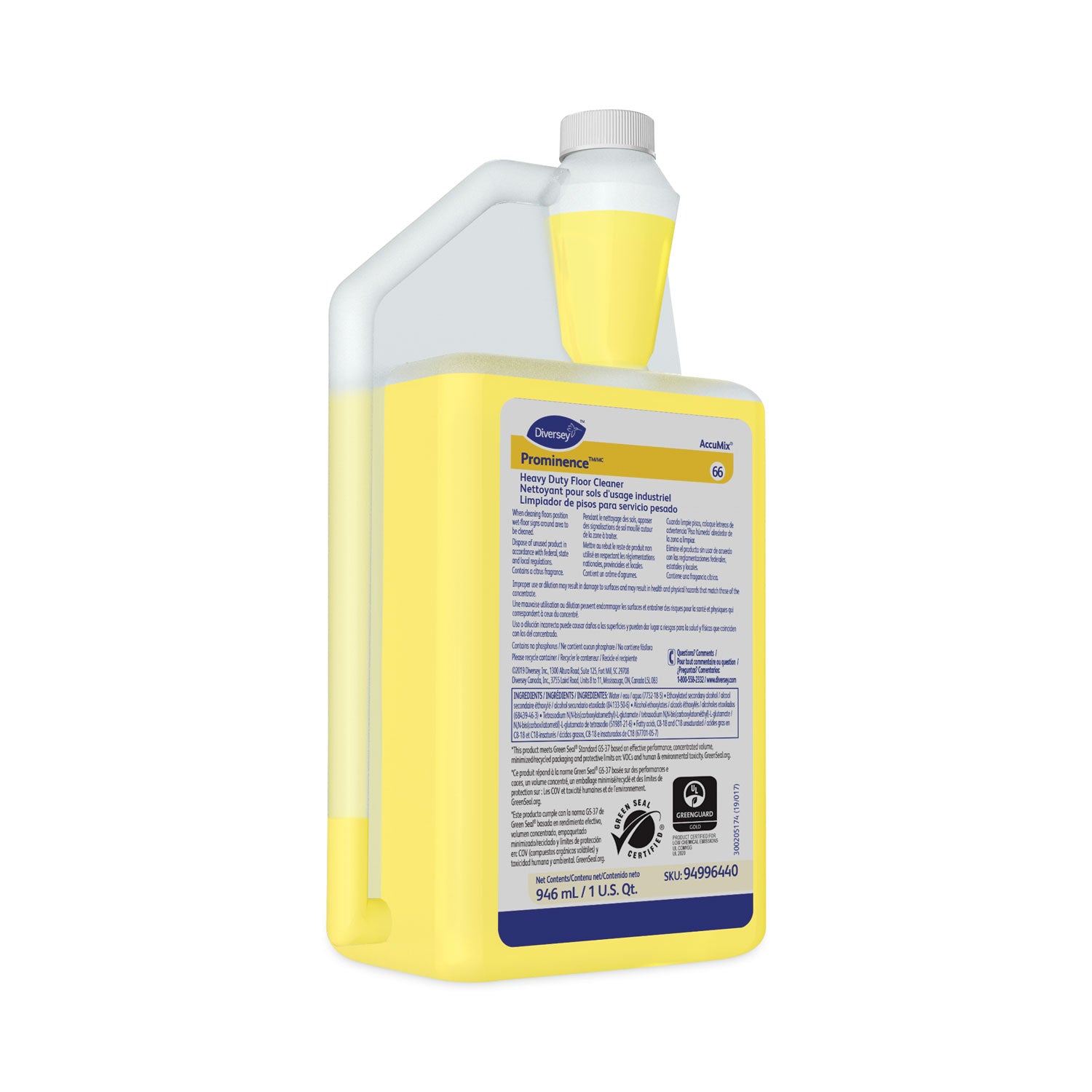 Diversey Prominence Heavy Duty Floor Cleaner - Concentrate - 32 fl oz (1 quart) - Citrus Scent - 6 - Heavy Duty, Film-free, Rinse-free, pH Neutral, Dilutable - Yellow