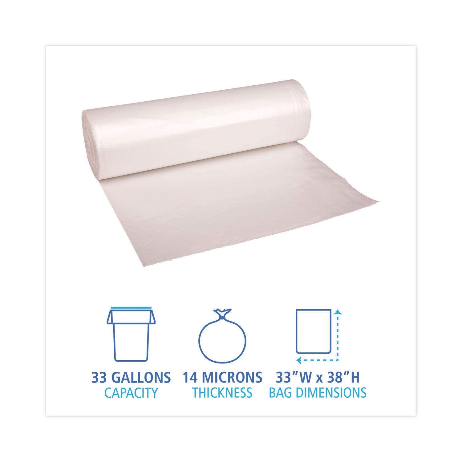 High-Density Can Liners, 33 gal, 14 mic, 33" x 38", Natural, 25 Bags/Roll, 10 Rolls/Carton