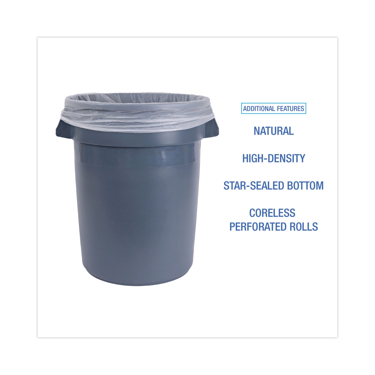 High-Density Can Liners, 33 gal, 14 mic, 33" x 38", Natural, 25 Bags/Roll, 10 Rolls/Carton