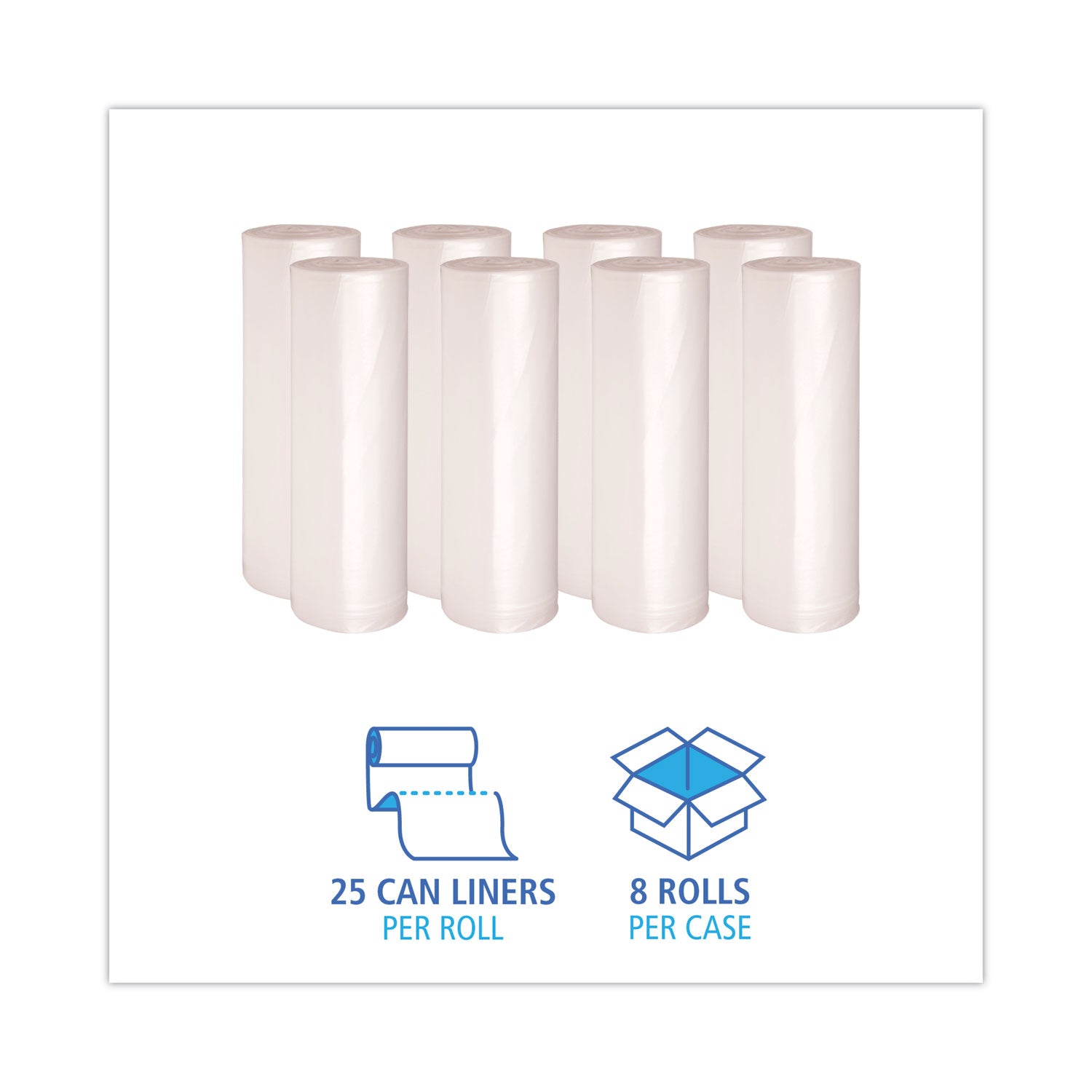 High-Density Can Liners, 60 gal, 11 mic, 38" x 58", Natural, 25 Bags/Roll, 8 Rolls/Carton