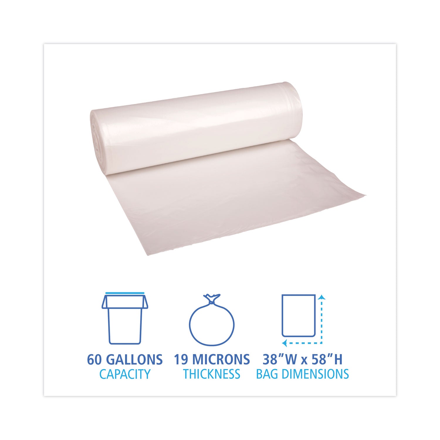 High-Density Can Liners, 60 gal, 19 mic, 38" x 58", Natural, 25 Bags/Roll, 6 Rolls/Carton