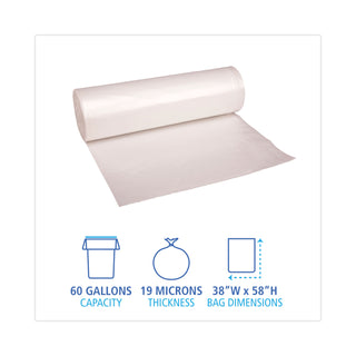 High-Density Can Liners, 60 gal, 19 mic, 38" x 58", Natural, 25 Bags/Roll, 6 Rolls/Carton