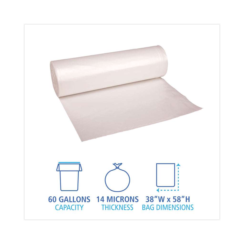High-Density Can Liners, 60 gal, 14 mic, 38" x 58", Natural, 25 Bags/Roll, 8 Rolls/Carton