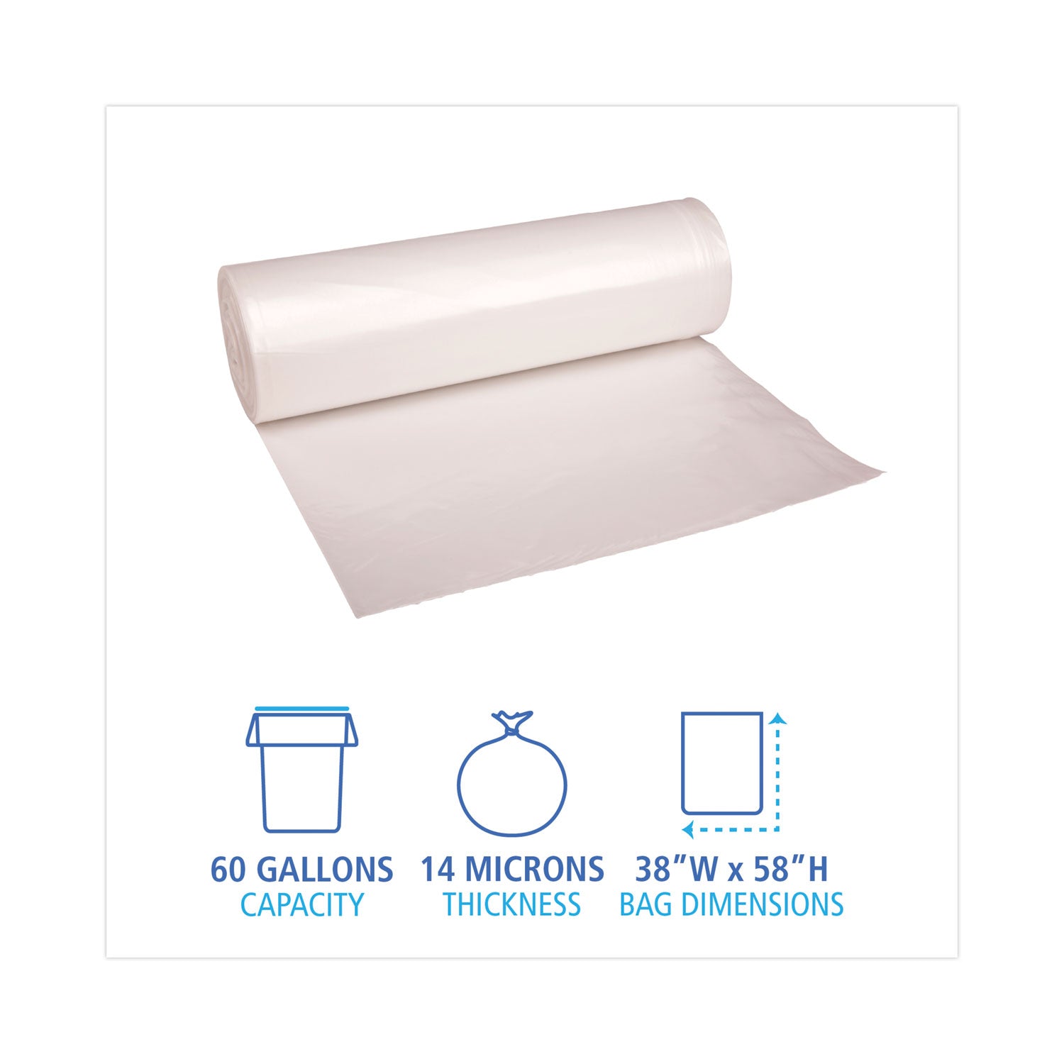 High-Density Can Liners, 60 gal, 14 mic, 38" x 58", Natural, 25 Bags/Roll, 8 Rolls/Carton