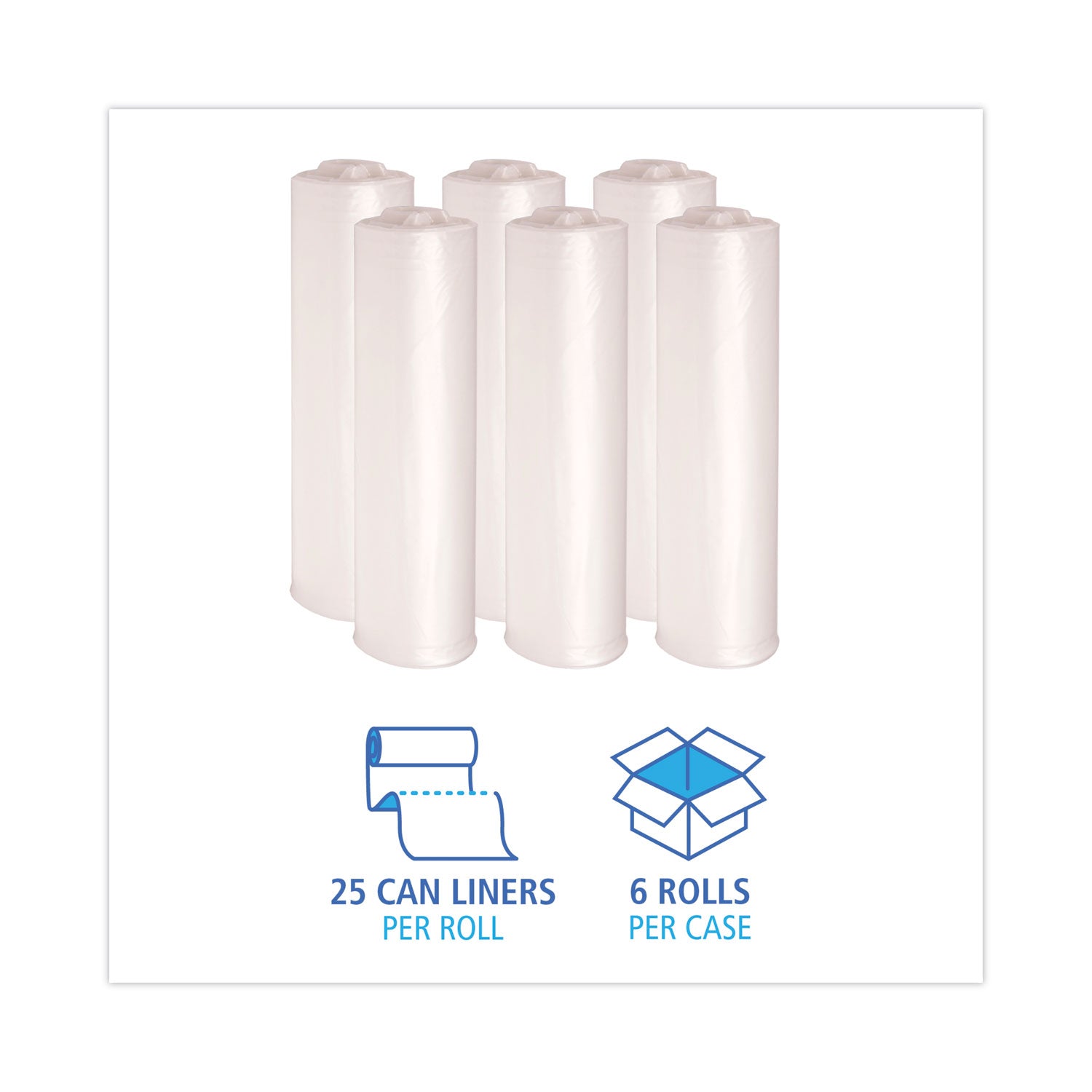 High-Density Can Liners, 45 gal, 19 mic, 40" x 46", Natural, 25 Bags/Roll, 6 Rolls/Carton