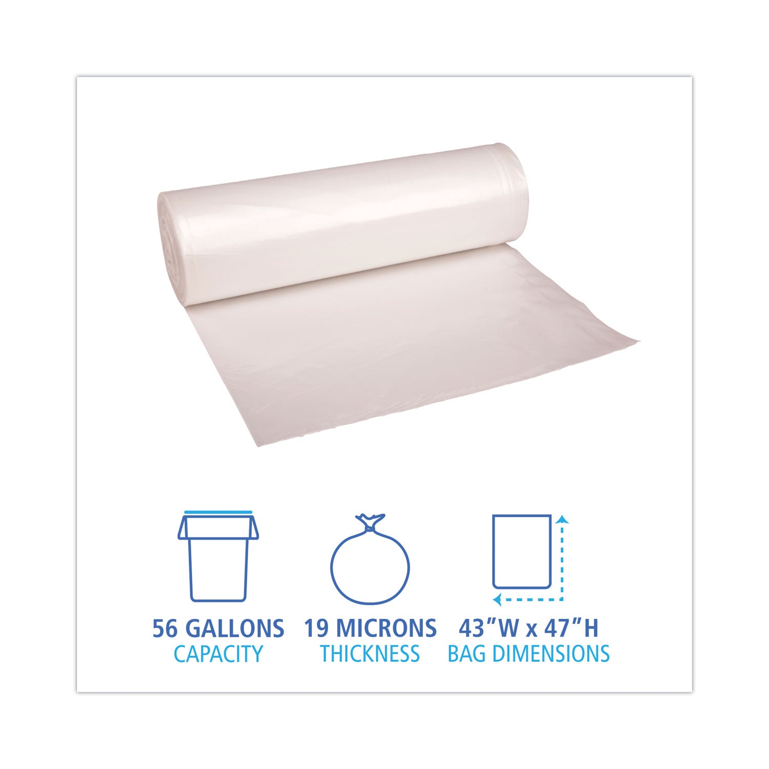 High-Density Can Liners, 56 gal, 19 mic, 43" x 47", Natural, 25 Bags/Roll, 6 Rolls/Carton