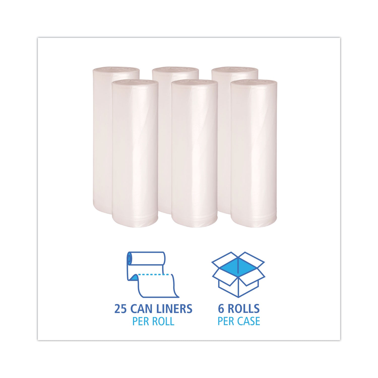 High-Density Can Liners, 56 gal, 19 mic, 43" x 47", Natural, 25 Bags/Roll, 6 Rolls/Carton
