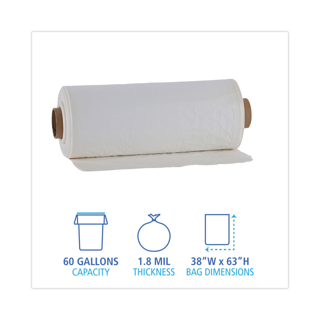 Industrial Drum Liners Rolls, 60 gal, 1.8 mil, 38 x 63, Clear, 1 Roll of 75 Bags