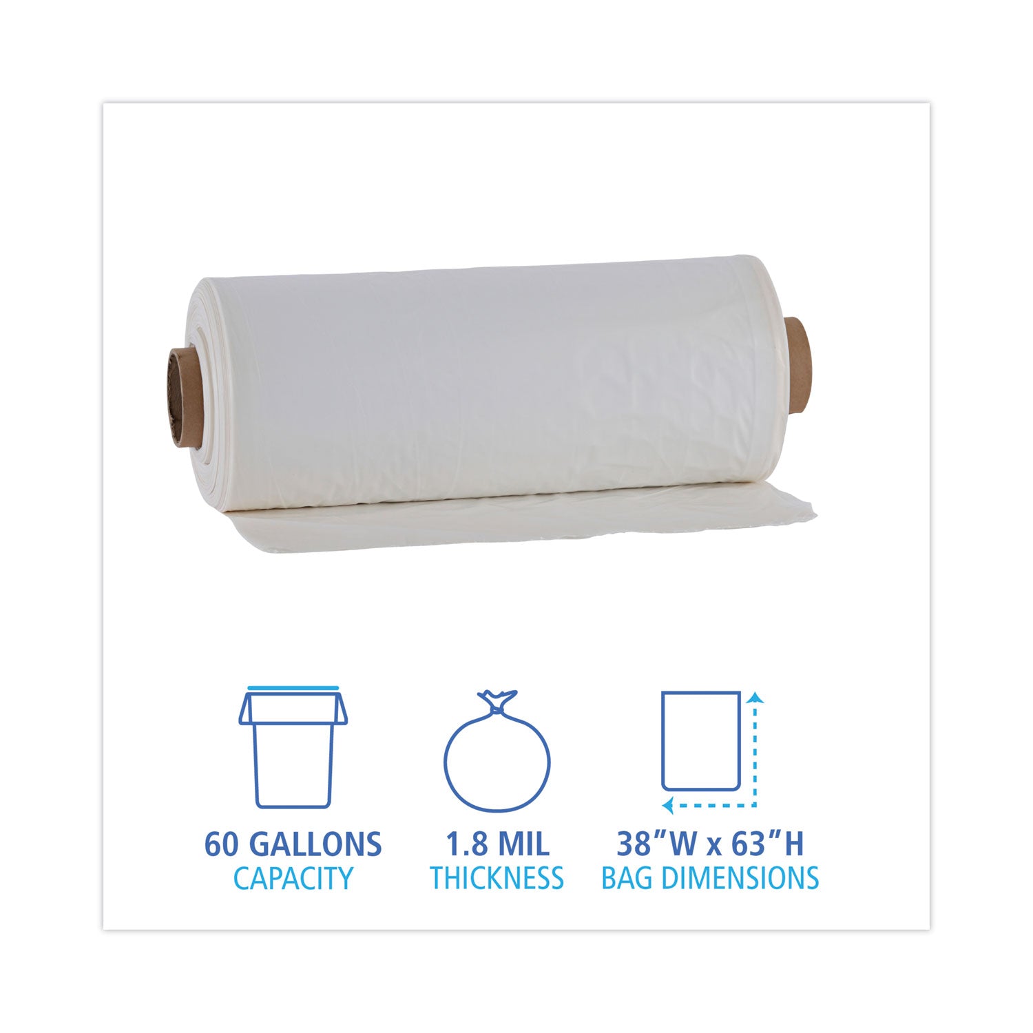 Industrial Drum Liners Rolls, 60 gal, 1.8 mil, 38 x 63, Clear, 1 Roll of 75 Bags