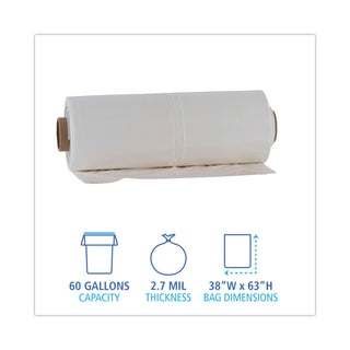 Industrial Drum Liners Rolls, 60 gal, 2.7 mil, 38 x 63, Clear, 1 Roll of 50 Bags