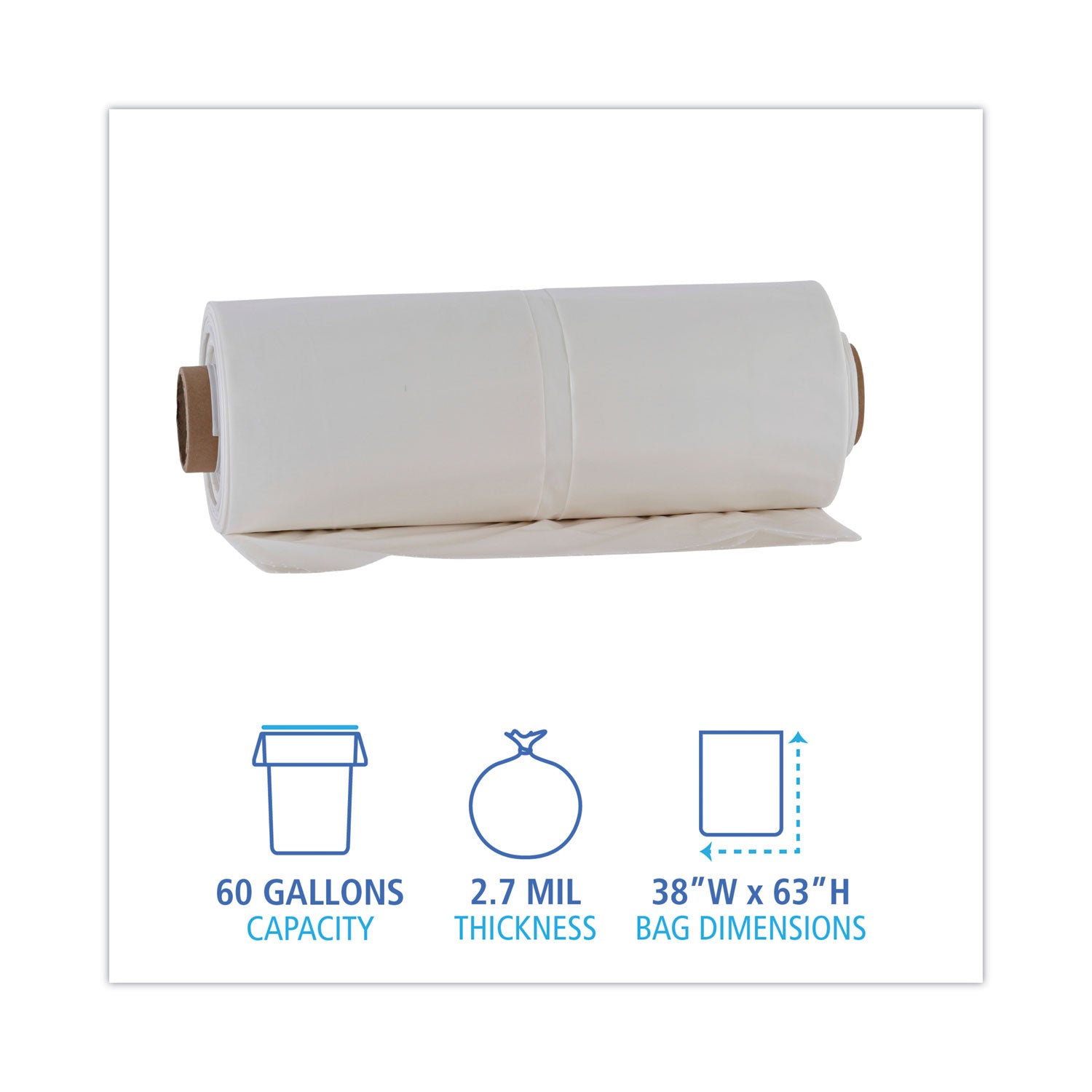Industrial Drum Liners Rolls, 60 gal, 2.7 mil, 38 x 63, Clear, 1 Roll of 50 Bags