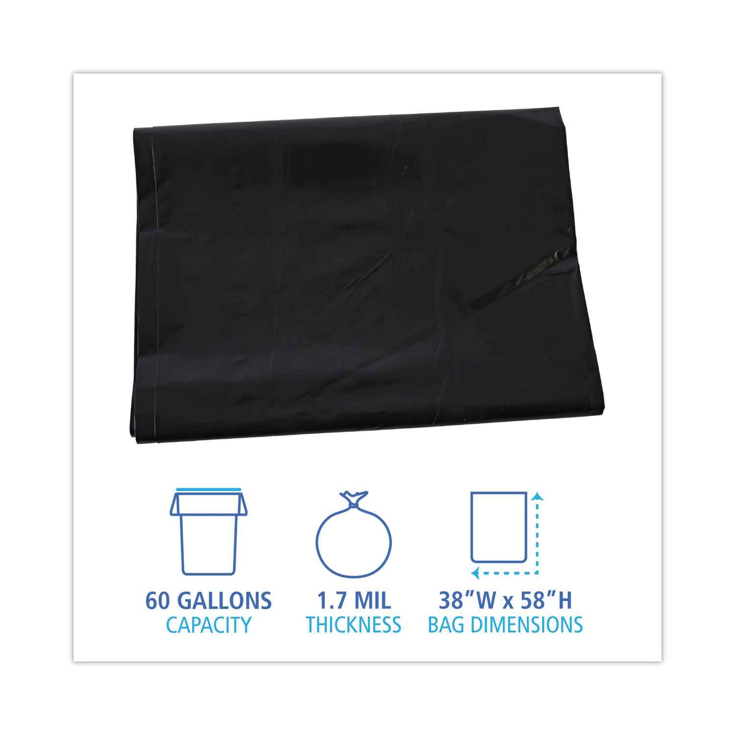 Linear Low Density Industrial Can Liners, 60 gal, 1.7 mil, 38 x 58, Black, 100/Carton