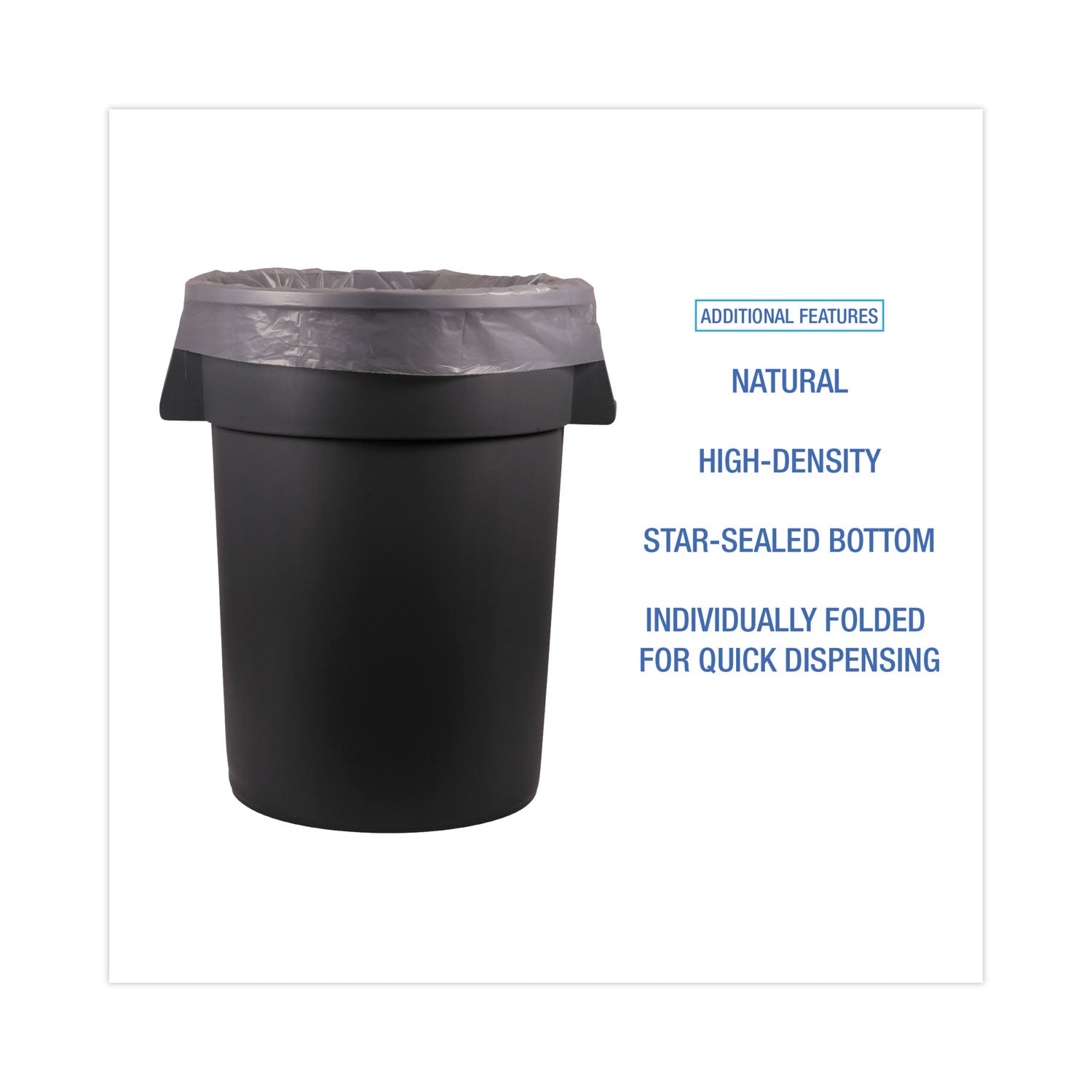 High Density Industrial Can Liners Flat Pack, 33 gal, 16 mic, 33 x 40, Natural, 200/Carton