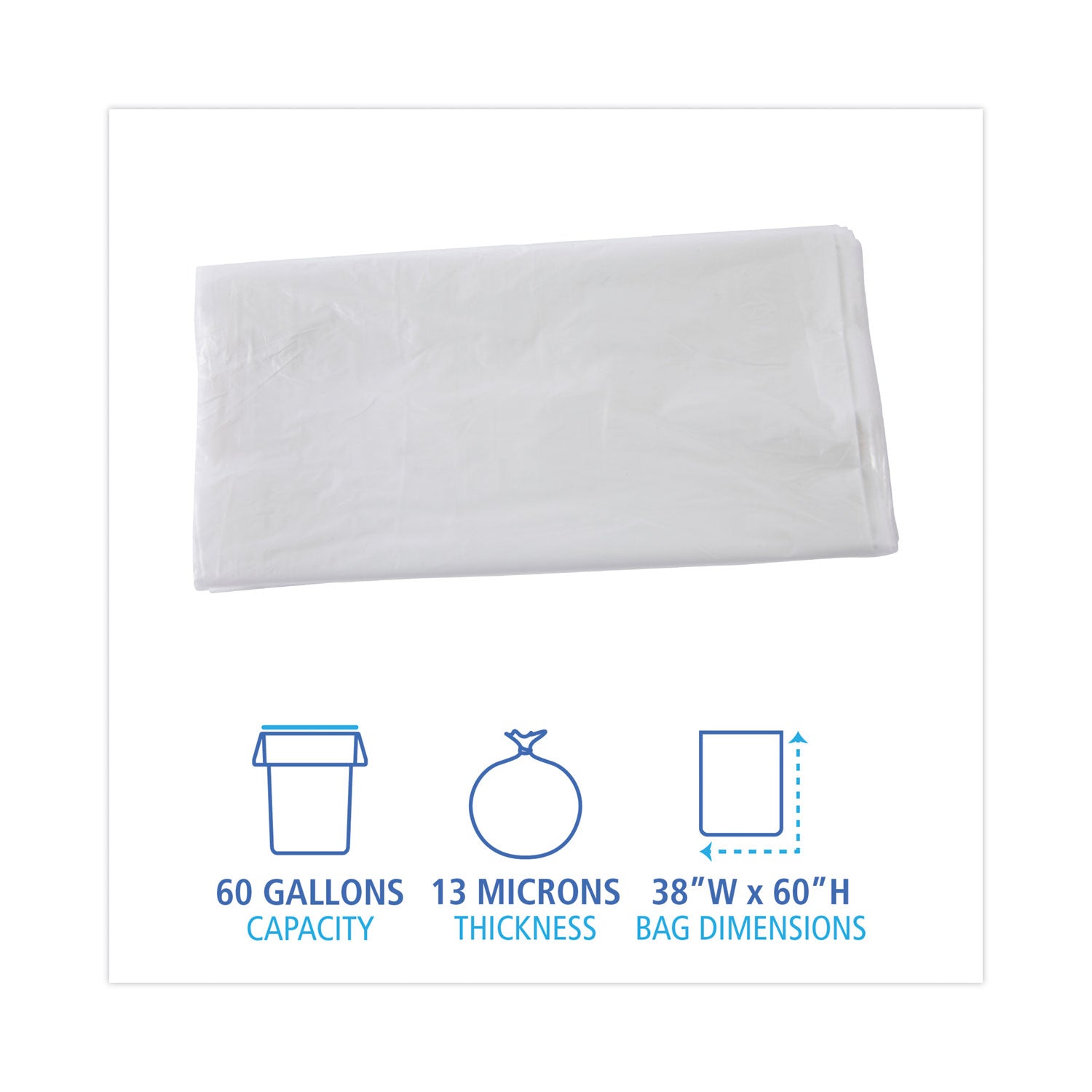 High Density Industrial Can Liners Flat Pack, 60 gal, 13 mic, 38 x 60, Natural, 200/Carton