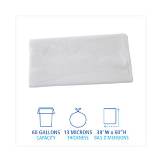 High Density Industrial Can Liners Flat Pack, 60 gal, 13 mic, 38 x 60, Natural, 200/Carton