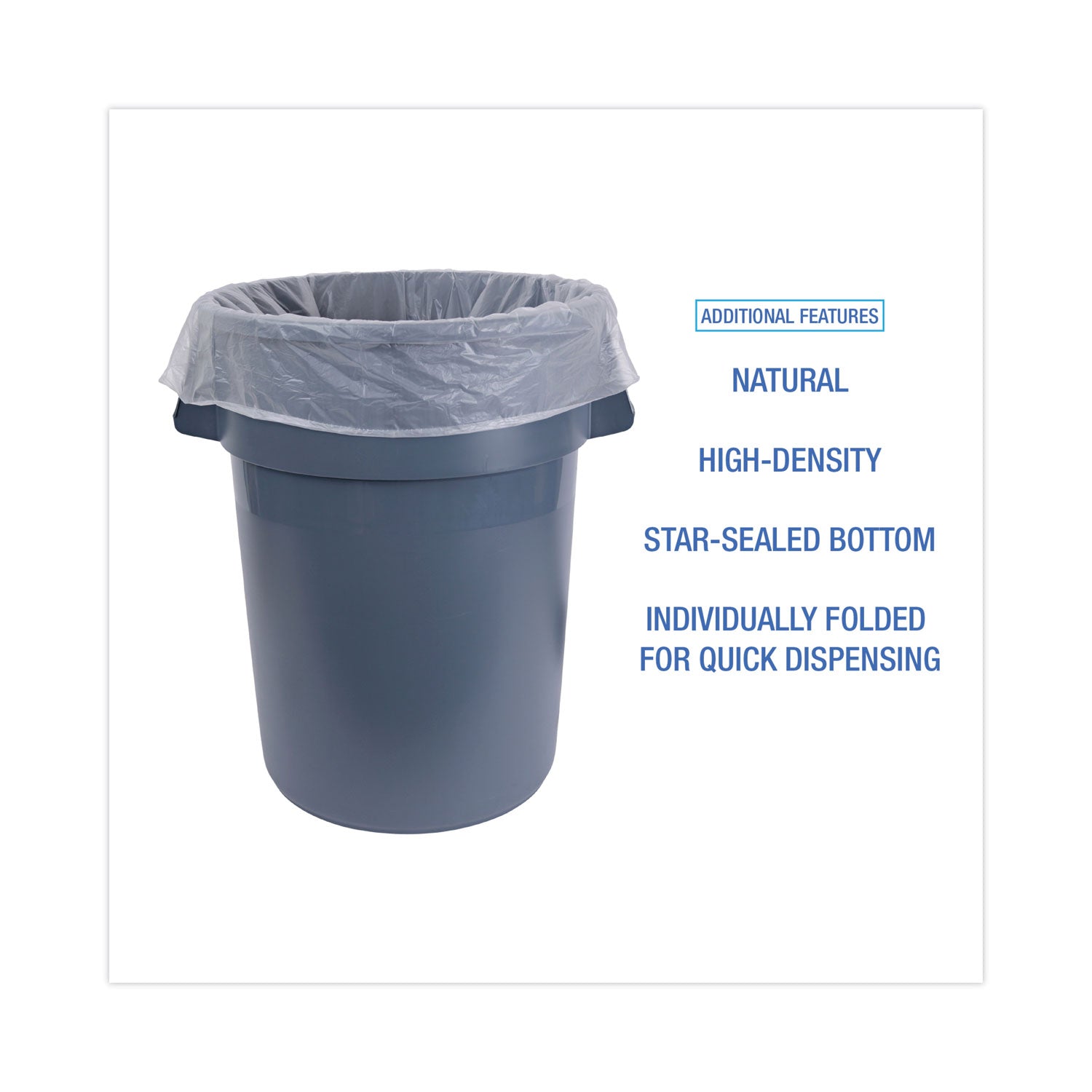 High Density Industrial Can Liners Flat Pack, 45 gal, 16 mic, 40 x 48, Natural, 200/Carton