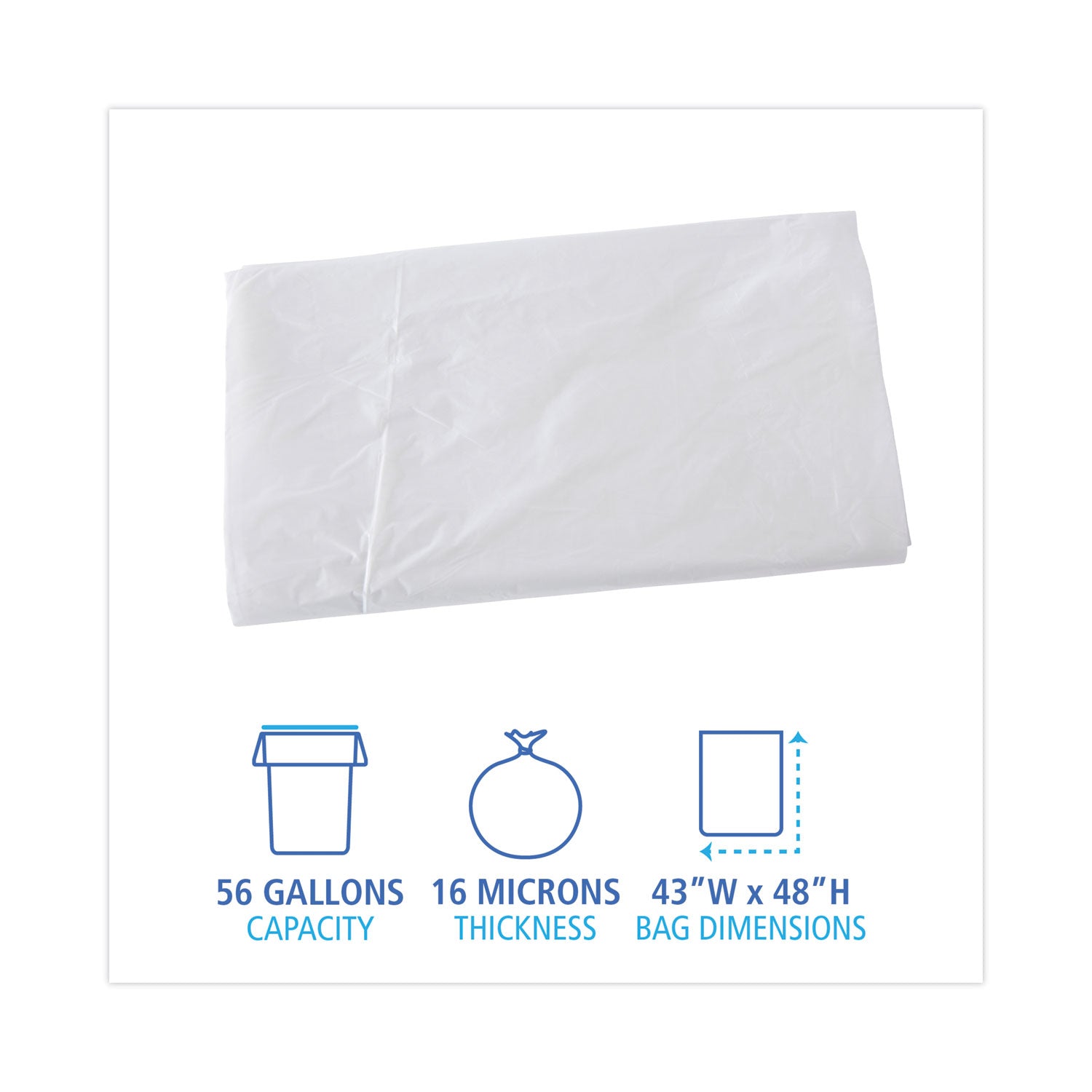 High Density Industrial Can Liners Flat Pack, 56 gal, 16 mic, 43 x 48, Natural, 200/Carton