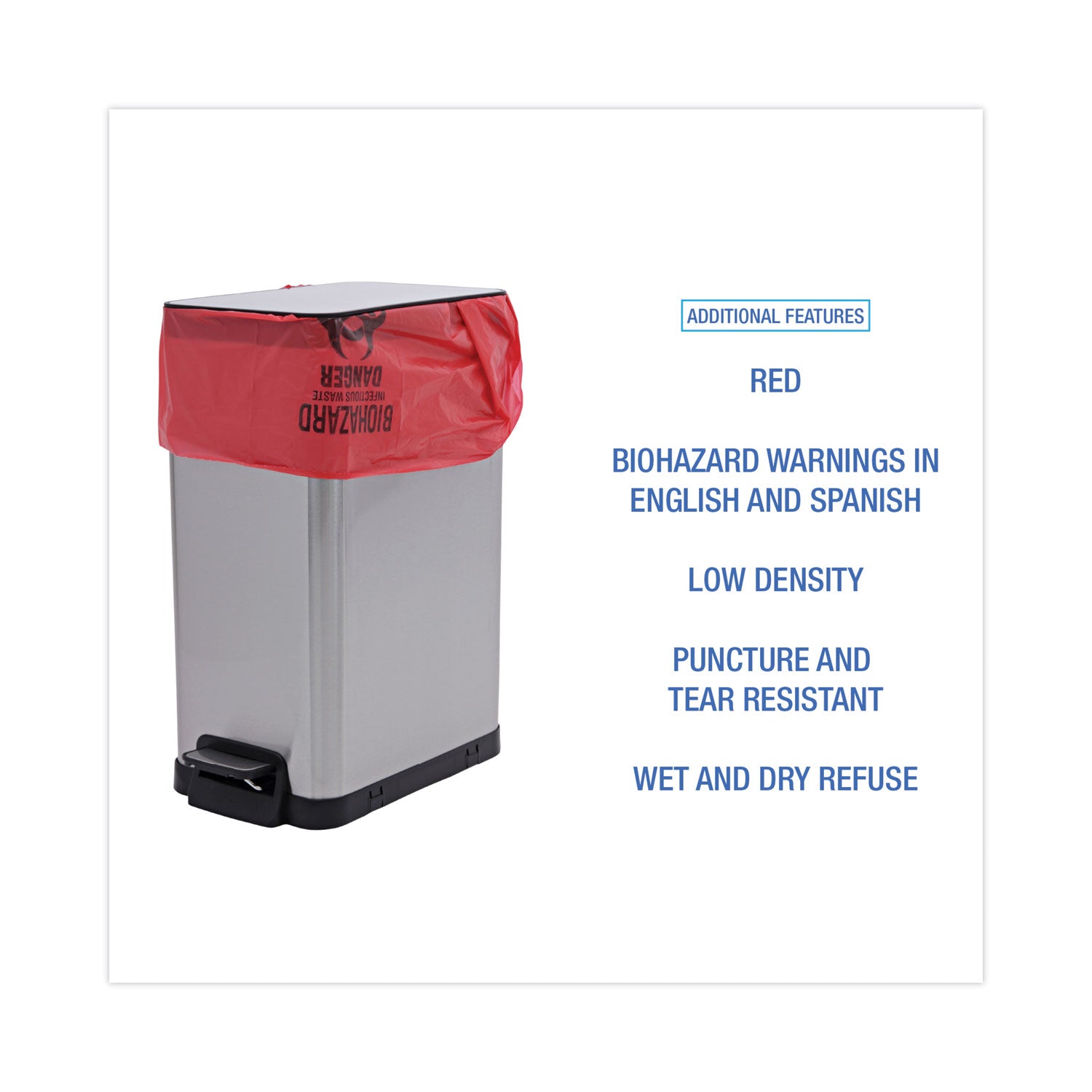 Linear Low Density Health Care Trash Can Liners, 16 gal, 1.3 mil, 24 x 32, Red, 250/Carton