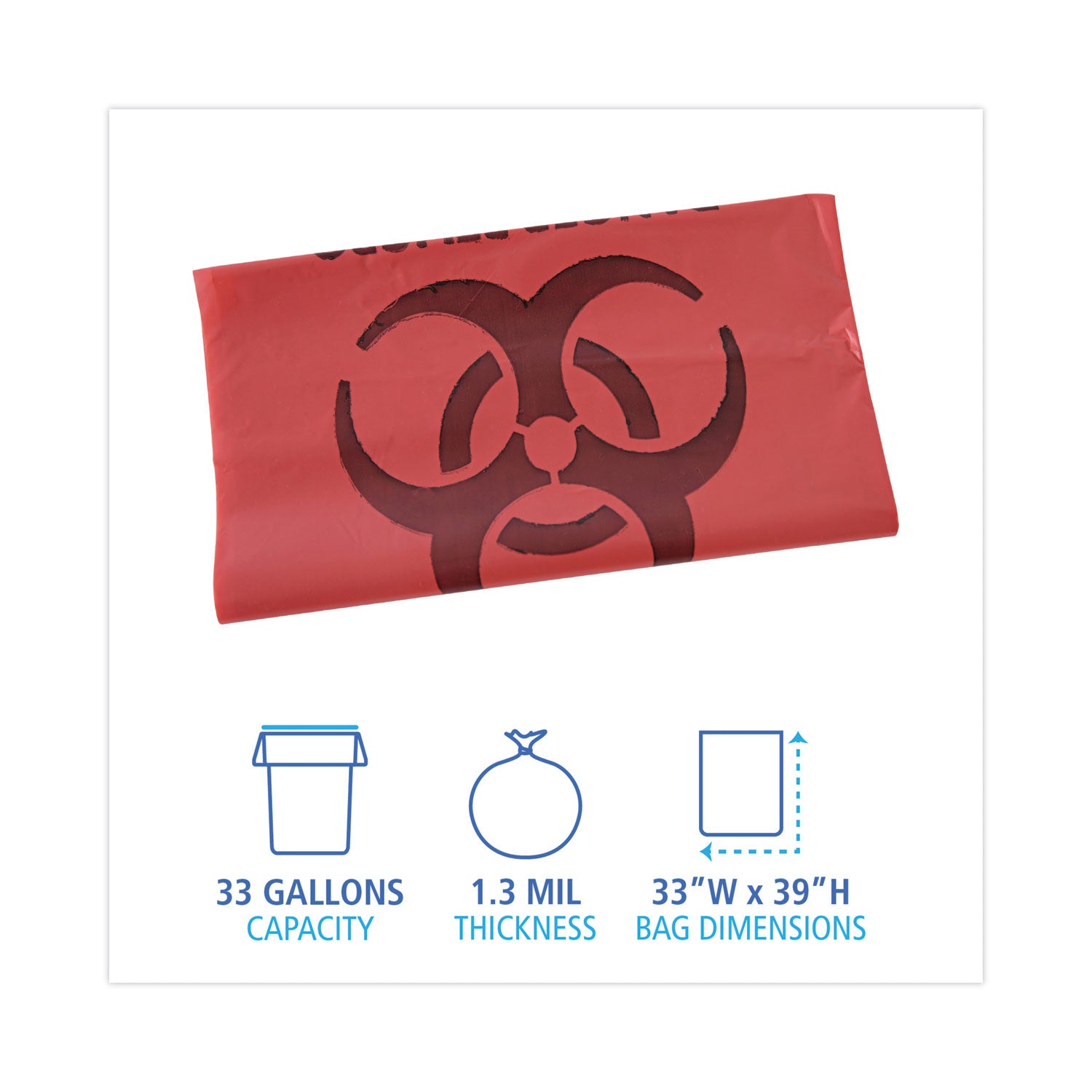 Linear Low Density Health Care Trash Can Liners, 33 gal, 1.3 mil, 33 x 39, Red, 150/Carton