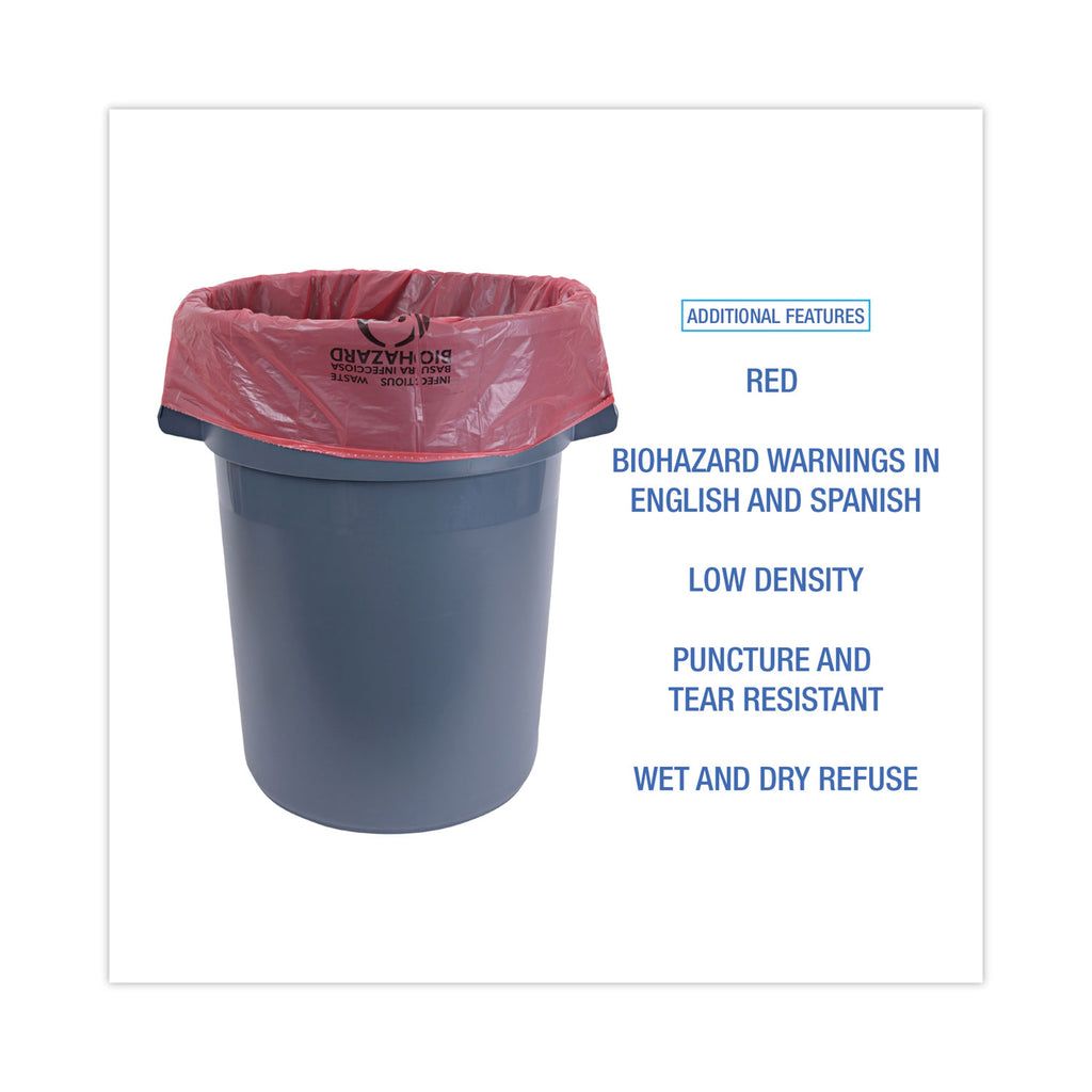 Linear Low Density Health Care Trash Can Liners, 45 gal, 1.3 mil, 40 x 46, Red, 100/Carton