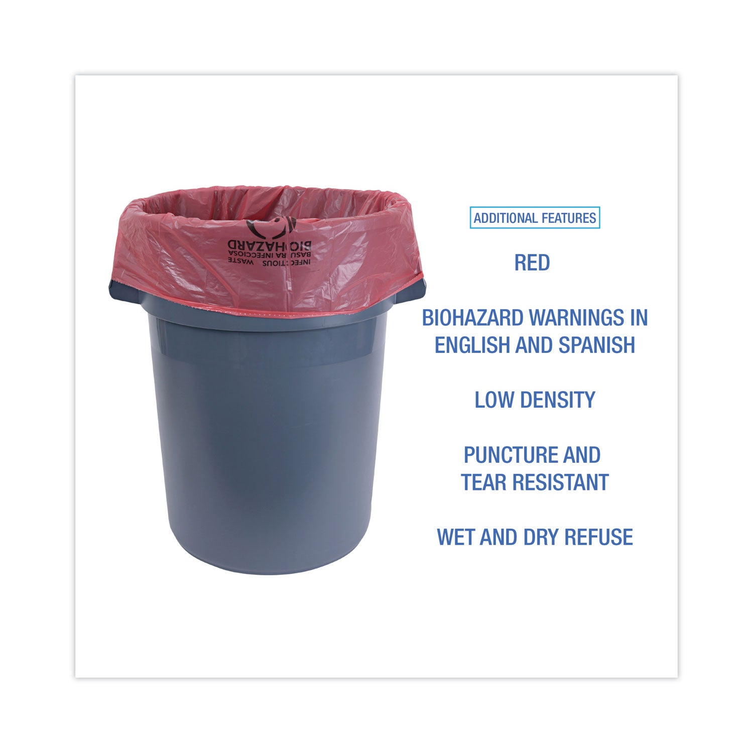 Linear Low Density Health Care Trash Can Liners, 45 gal, 1.3 mil, 40 x 46, Red, 100/Carton