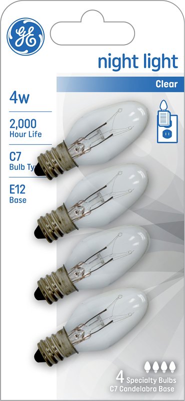 Incandescent C7 Night Light Bulb, 4 W, Clear, 4/Pack