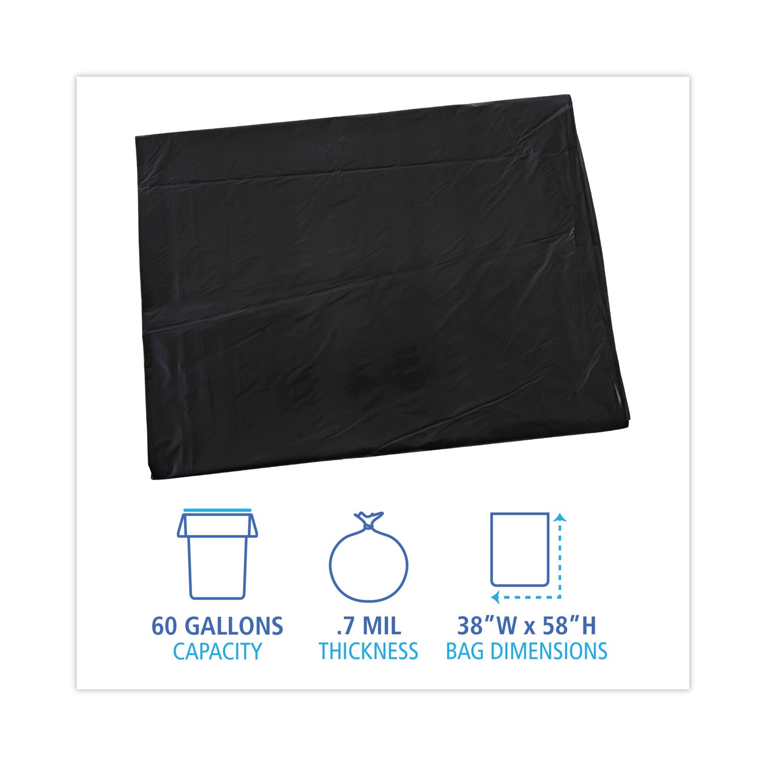 Linear Low Density Industrial Can Liners, 60 gal, 0.7 mil, 38 x 58, Black, 100/Carton