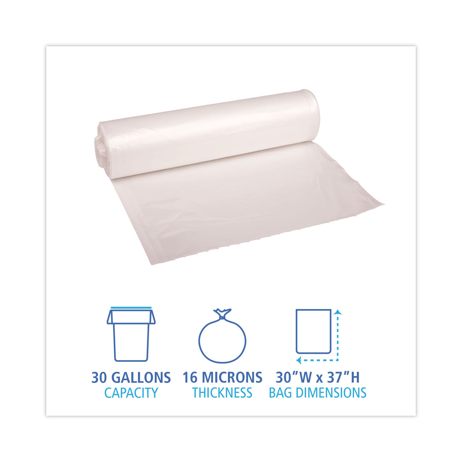 High Density Industrial Can Liners Coreless Rolls, 30 gal, 16 mic, 30 x 37, Natural, 25 Bags/Roll, 20 Rolls/Carton