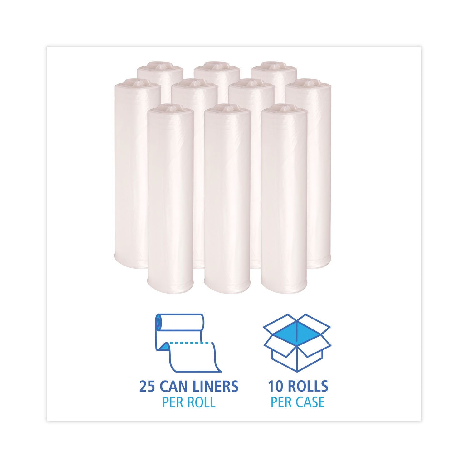 High Density Industrial Can Liners Coreless Rolls, 33 gal, 16 mic, 33 x 40, Natural, 25 Bags/Roll, 10 Rolls/Carton