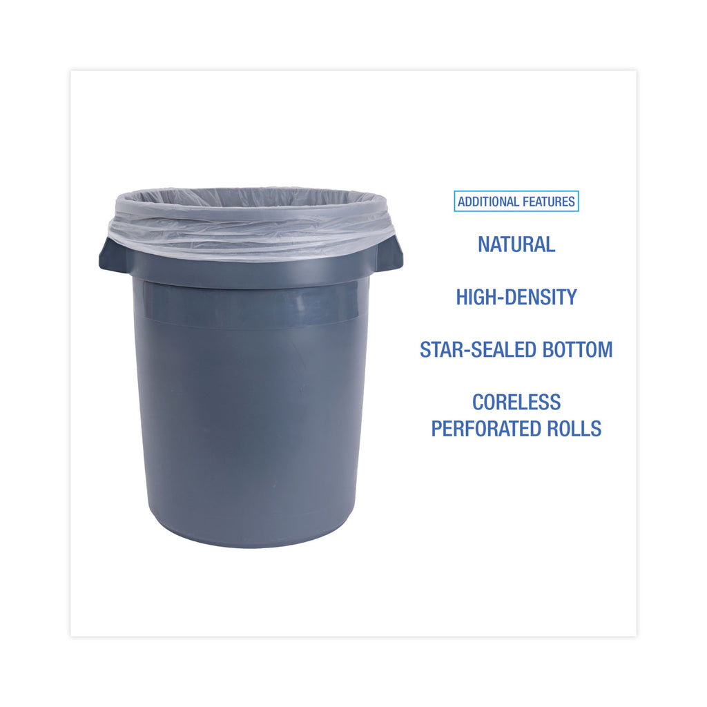 High Density Industrial Can Liners Coreless Rolls, 33 gal, 16 mic, 33 x 40, Natural, 25 Bags/Roll, 10 Rolls/Carton