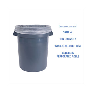 High Density Industrial Can Liners Coreless Rolls, 33 gal, 16 mic, 33 x 40, Natural, 25 Bags/Roll, 10 Rolls/Carton