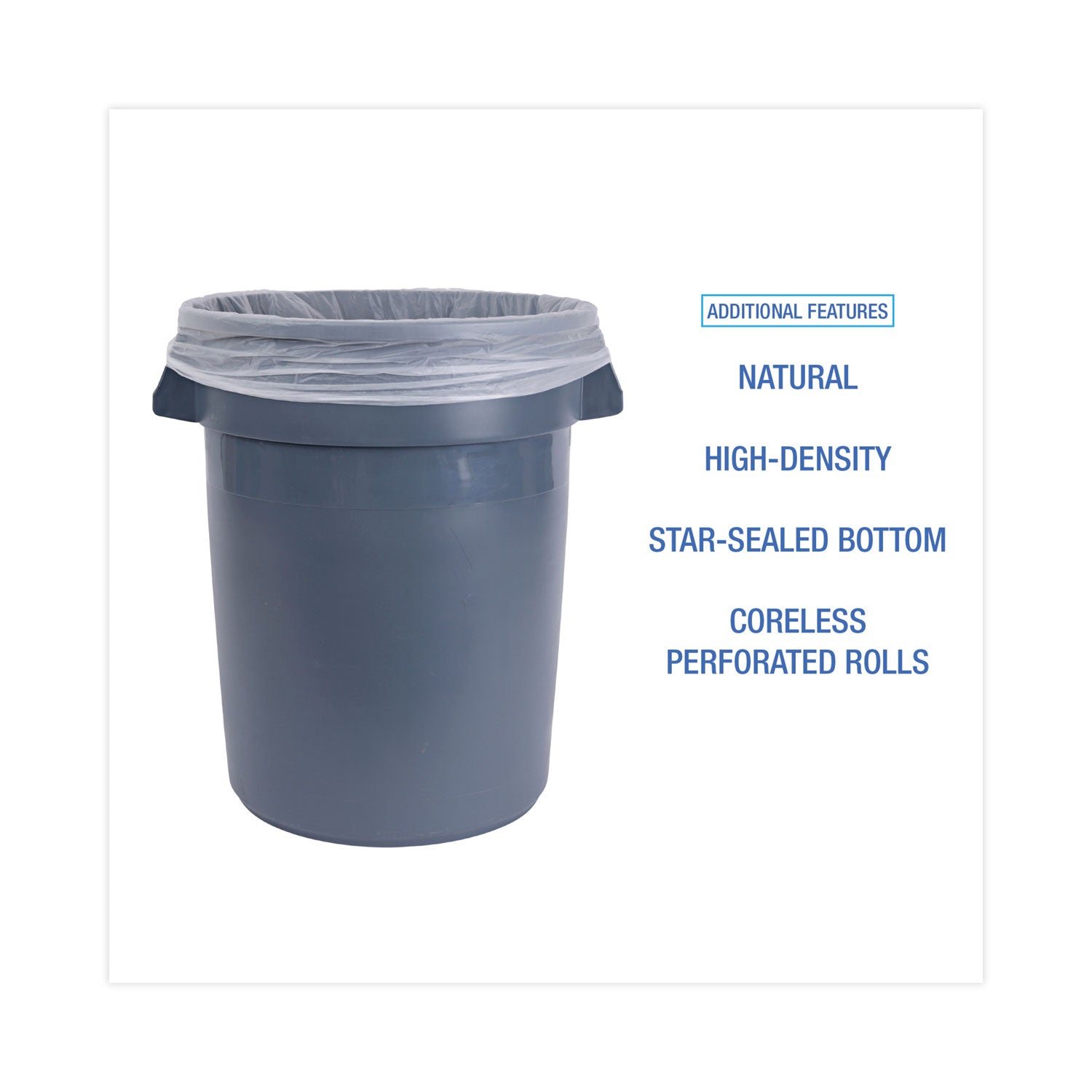 High Density Industrial Can Liners Coreless Rolls, 33 gal, 16 mic, 33 x 40, Natural, 25 Bags/Roll, 10 Rolls/Carton
