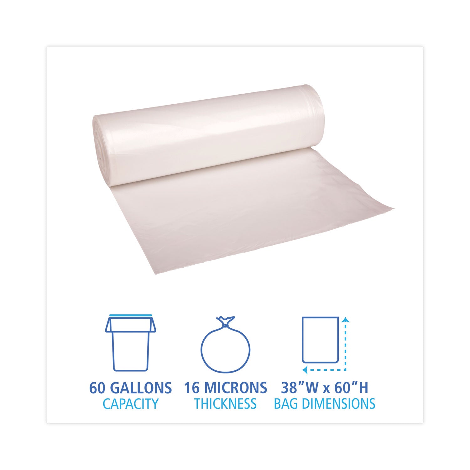 High Density Industrial Can Liners Coreless Rolls, 60 gal, 16 mic, 38 x 60, Natural, 25 Bags/Roll, 8 Rolls/Carton