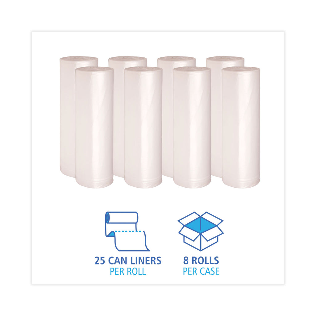 High Density Industrial Can Liners Coreless Rolls, 60 gal, 16 mic, 38 x 60, Natural, 25 Bags/Roll, 8 Rolls/Carton