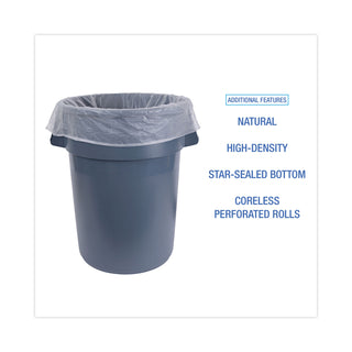 High Density Industrial Can Liners Coreless Rolls, 60 gal, 16 mic, 38 x 60, Natural, 25 Bags/Roll, 8 Rolls/Carton