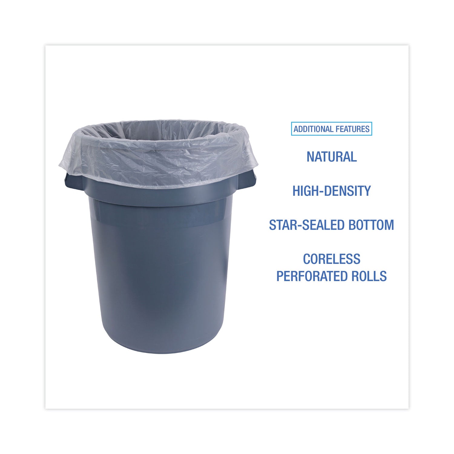 High Density Industrial Can Liners Coreless Rolls, 60 gal, 16 mic, 38 x 60, Natural, 25 Bags/Roll, 8 Rolls/Carton