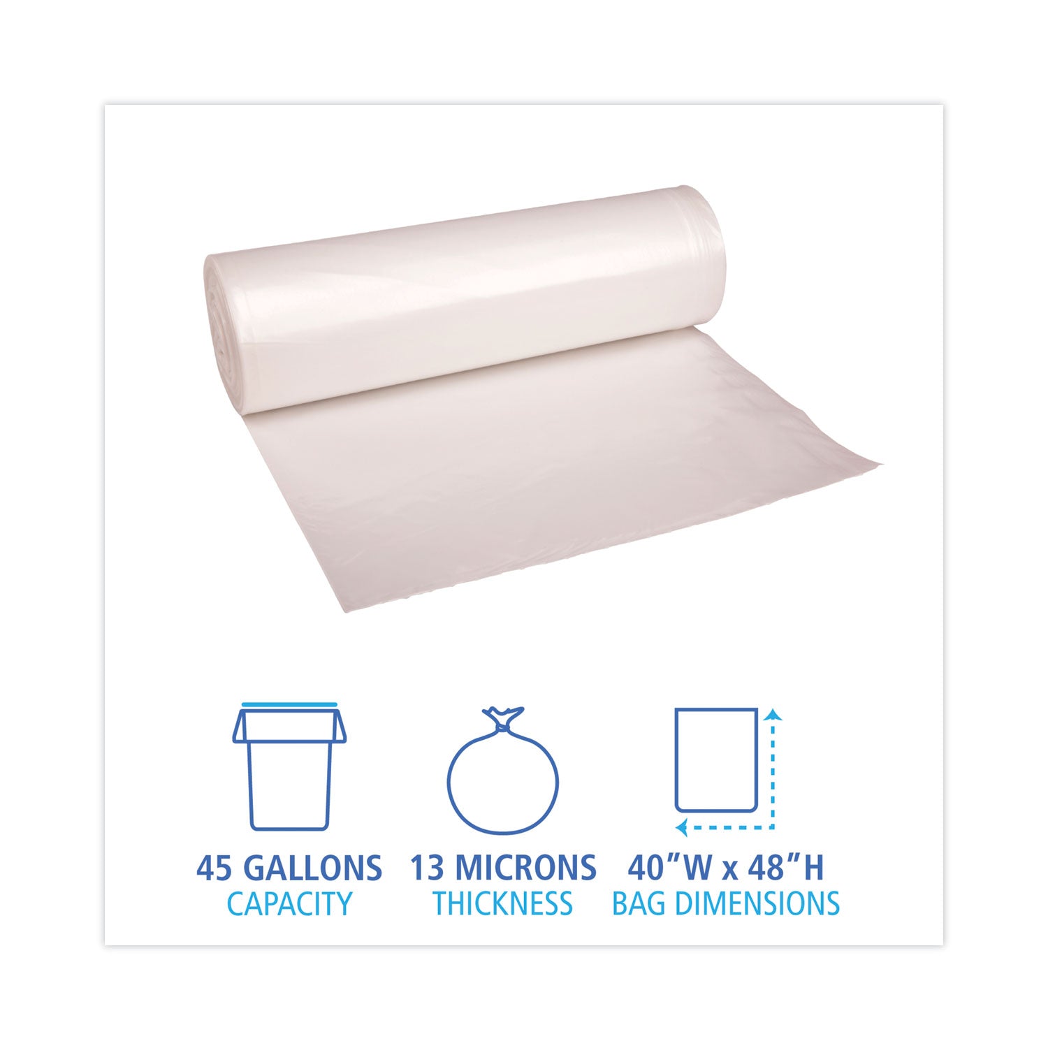 High Density Industrial Can Liners Coreless Rolls, 45 gal, 13 mic, 40 x 48, Natural, 25 Bags/Roll, 10 Rolls/Carton