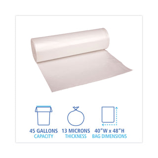 High Density Industrial Can Liners Coreless Rolls, 45 gal, 13 mic, 40 x 48, Natural, 25 Bags/Roll, 10 Rolls/Carton