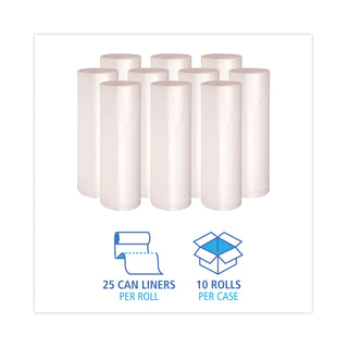 High Density Industrial Can Liners Coreless Rolls, 45 gal, 13 mic, 40 x 48, Natural, 25 Bags/Roll, 10 Rolls/Carton