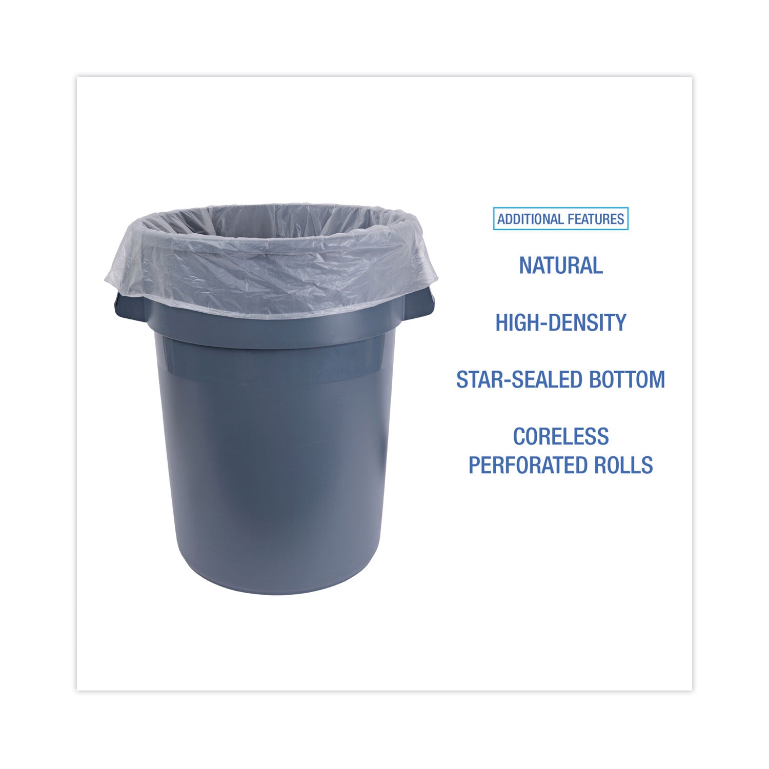 High Density Industrial Can Liners Coreless Rolls, 45 gal, 13 mic, 40 x 48, Natural, 25 Bags/Roll, 10 Rolls/Carton
