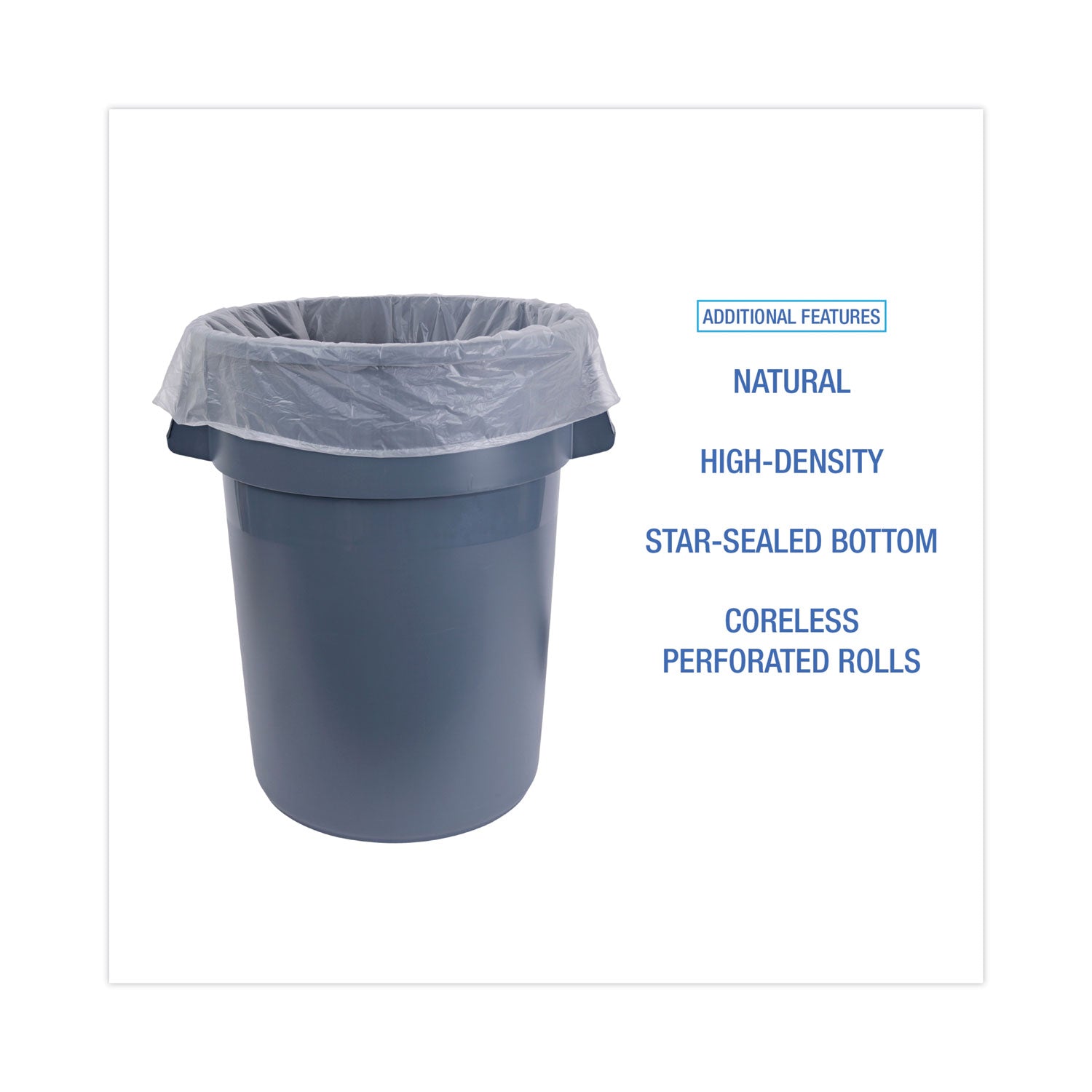 High Density Industrial Can Liners Coreless Rolls, 45 gal, 16 mic, 40 x 48, Natural, 25 Bags/Roll, 10 Rolls/Carton