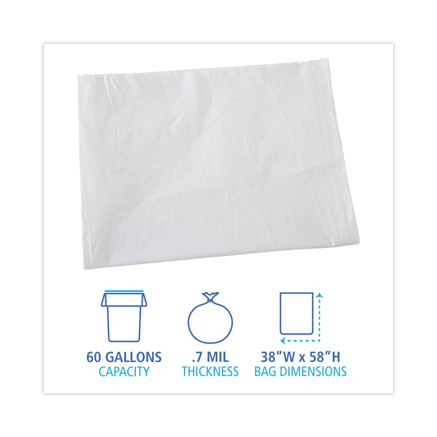 Linear Low Density Industrial Can Liners, 60 gal, 0.7 mil, 38 x 58, White, 100/Carton