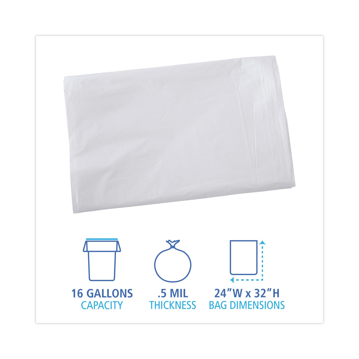 Linear Low Density Industrial Can Liners, 16 gal, 0.5 mil, 24 x 32, White, 500/Carton