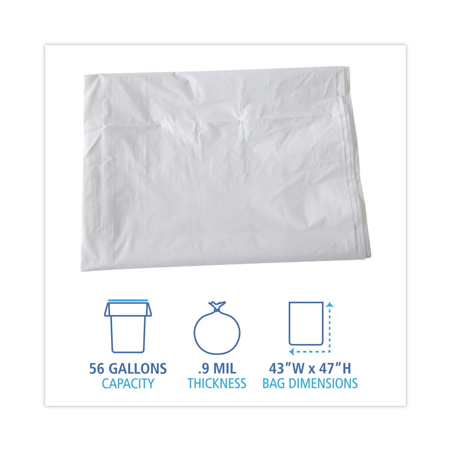 Linear Low Density Industrial Can Liners, 56 gal, 0.9 mil, 43 x 47, White, 100/Carton
